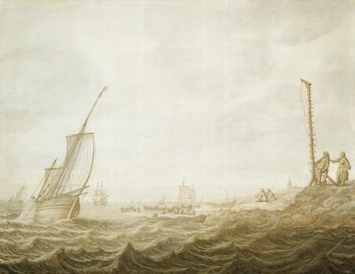 A Grisaille of a Coastal Scene with Figures by Cornelis Pietersz. de Mooy